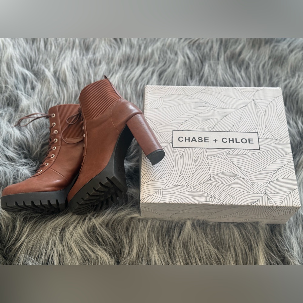 Chase + Chloe Cognac Brown Heeled Lace-Up Ankle Boots